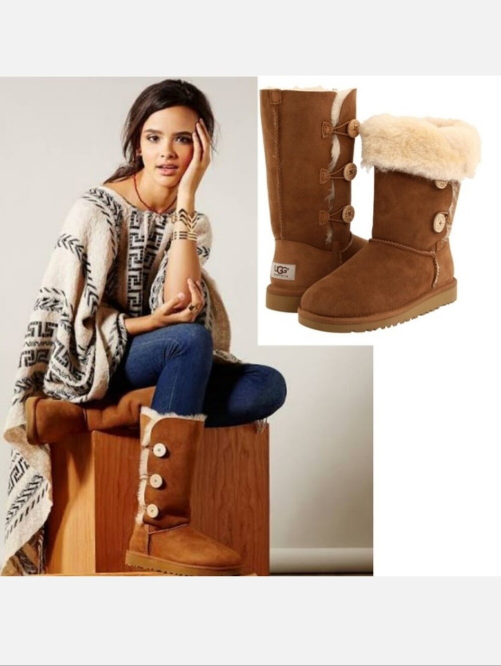 Ugg Bailey Button Leather And Sheep Fur Boots Size 6